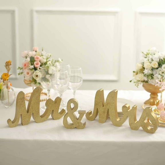 Efavormart Gold Glittered Wooden "Mr & Mrs" Freestanding Letter Photo Props, Rustic Glam Wedding Table Display Signs