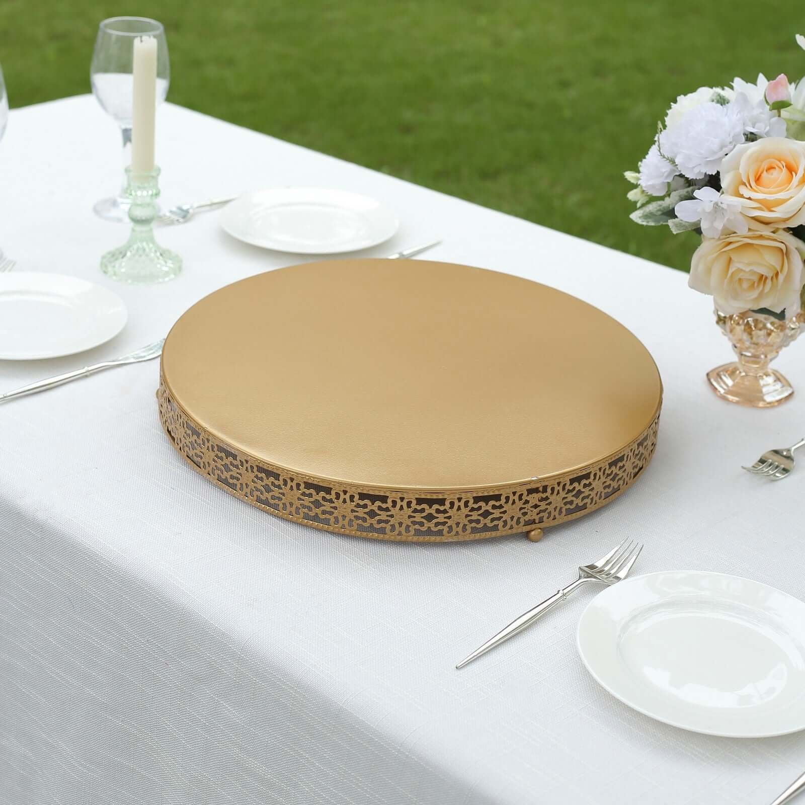 Gold Metal Fleur De Lis 16" Round Pedestal Cake Stand