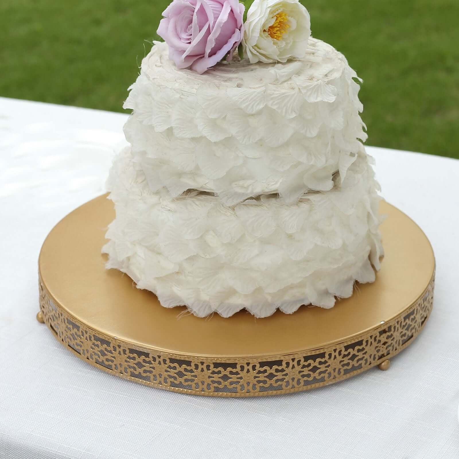 Gold Metal Fleur De Lis 16" Round Pedestal Cake Stand
