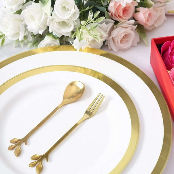 Efavormart Gold Metal Spoon & Fork Pre-Packed Wedding Favor Set With Leaf Shaped Handle, Bridal Shower Souvenir Gift Box - 5"