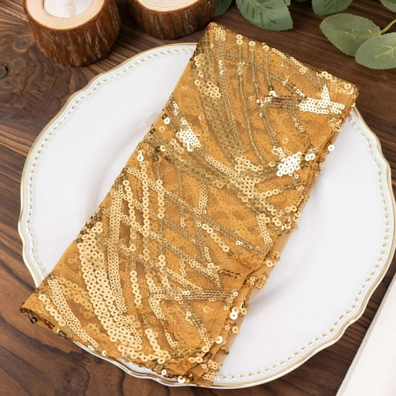 Efavormart Gold Wave Embroidered Sequin Mesh Dinner Napkin, Reusable Decorative Napkin - 20"x20"