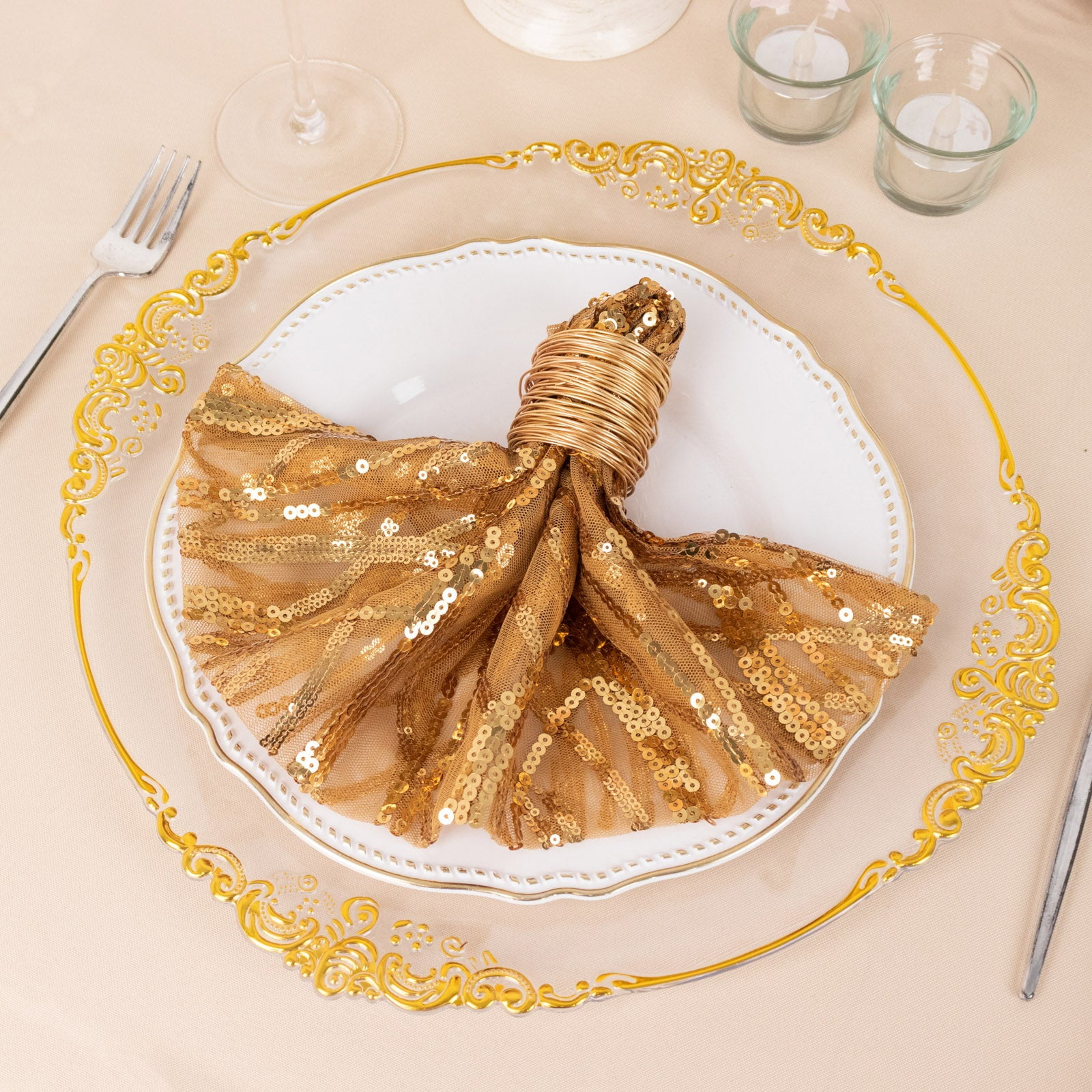 Efavormart Gold Wave Embroidered Sequin Mesh Dinner Napkin, Reusable Decorative Napkin - 20"x20 ...