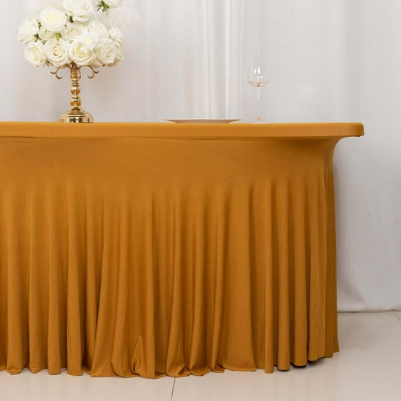 Efavormart Gold Wavy Spandex Fitted Rectangle 1-Piece Tablecloth Table Skirt, Stretchy Table Skirt Cover with Ruffles 6ft
