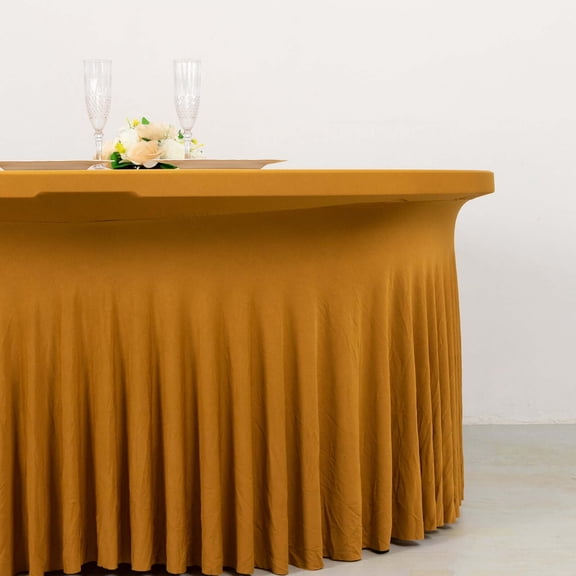 Efavormart Gold Wavy Spandex Fitted Round 1-Piece Tablecloth Table Skirt, Stretchy Table Cover with Ruffles - 5ft