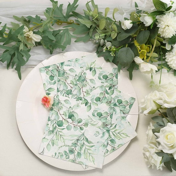 Efavormart Green Foliage Eucalyptus Leaves Design Paper Napkins, Soft 2-Ply Boho Wedding Cocktail Beverage Napkins | 18 GSM- 20 PCS
