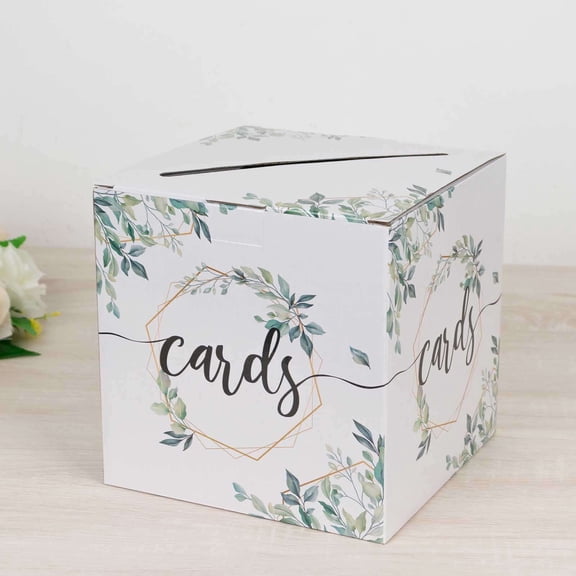 Efavormart Greenery Theme White Money Card Box with Geometric Gold Foil Print, Collapsible Wedding Reception Gift Card Box - 8"x8"