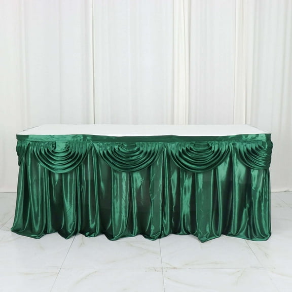 Efavormart Hunter Emerald Green Satin Double Drape Table Skirt for Kitchen Dining Catering Wedding Birthday Party Decorations Events 14ft