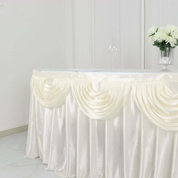 Efavormart Ivory Satin Double Drape Table Skirt for Kitchen Dining Catering Wedding Birthday Party Decorations Events 14ft