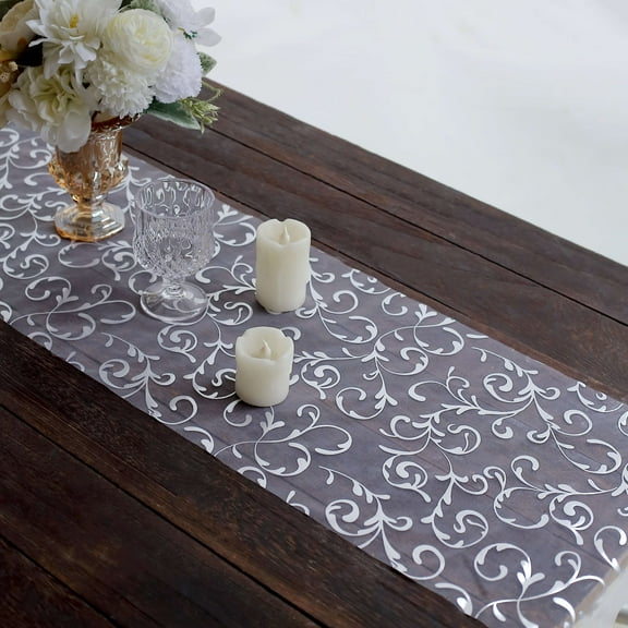 Efavormart Metallic Silver Sheer Organza Table Runner With Embossed Foil Floral Design - 12"x108"