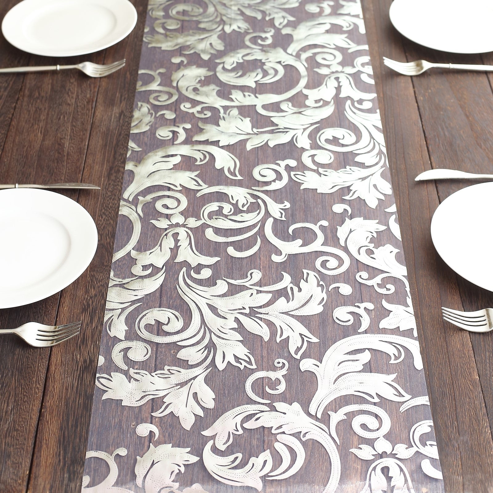 Efavormart Metallic Silver Sheer Organza Table Runner With Swirl Foil Floral Design - 12"x108 ...