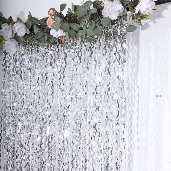 Efavormart Metallic Silver Wavy Tinsel Streamer Party Backdrop, Curly Foil Fringe Photo Booth Curtain - 3ftx6ft