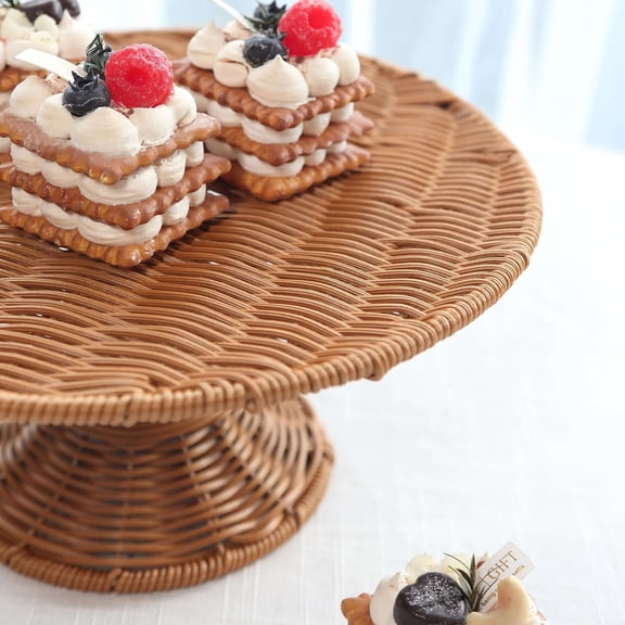 Efavormart Natural Plastic Rattan Wicker Pedestal Cake Stand, Round Rustic Cupcake Holder Dessert Table Display Centerpiece - 12"