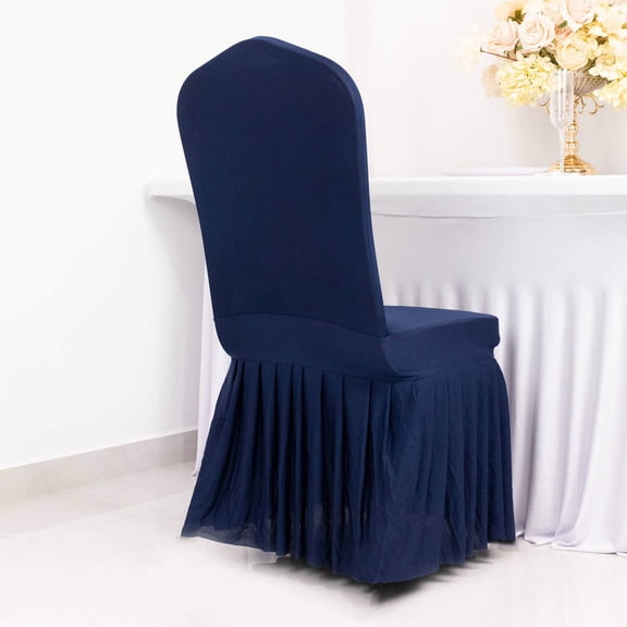 Efavormart Navy Blue 1-Piece Stretch Fitted Ruffle Pleated Skirt Banquet Chair Cover