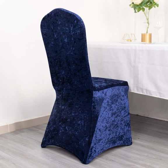 Efavormart Navy Blue Crushed Velvet Spandex Stretch Banquet Chair Cover With Foot Pockets, Fitted Wedding Chair Cover - 190 GSM