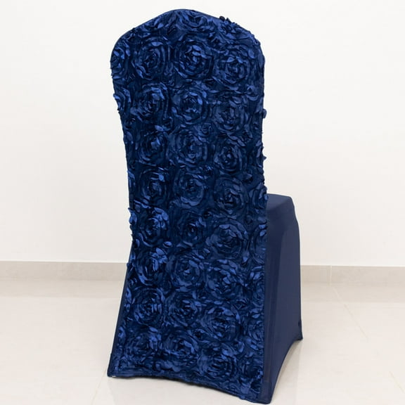 Efavormart Navy Blue Satin Rosette Spandex Stretch Banquet Chair Cover, Fitted Chair Cover