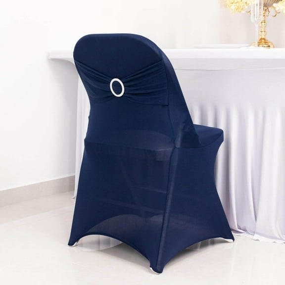 Efavormart Navy Blue Spandex Folding Slip On Chair Cover with Silver Rhinestone Buckled Sash Band, Stretch Fitted Chair Cover