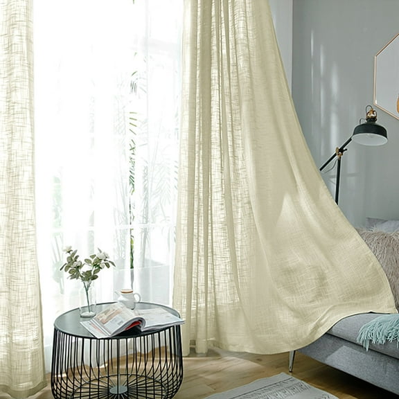 Efavormart Pack of 2 52"x108" Ivory Faux Linen Curtains, Semi Sheer Curtain Panels with Chrome Grommet for Living Room Home Decor Window Privacy Linen Textured Drapes