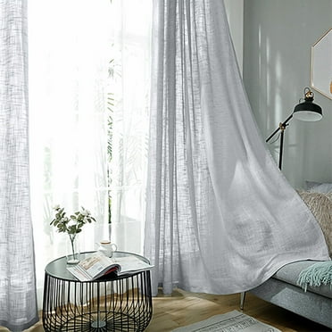 Efavormart Pack of 2 52"x108" Silver Faux Linen Curtains, Semi Sheer Curtain Panels with Chrome Grommet for Living Room Home Decor Window Privacy Linen Textured Drapes