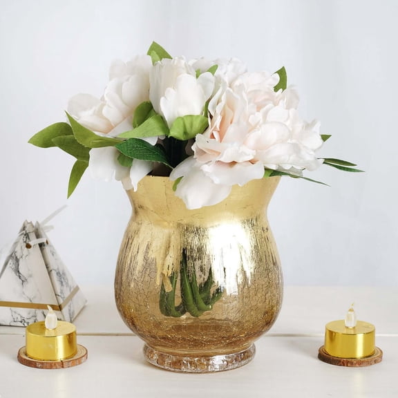 Efavormart Pack of 2 6" Tall Handmade Gold Foil Crackle Glass Vases Hurricane Candle Holders