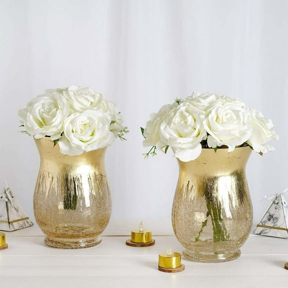 Efavormart Pack of 2 8" Tall Handmade Gold Foil Crackle Glass Vases Hurricane Candle Holders