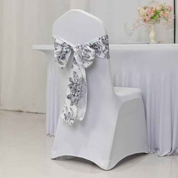 Efavormart Polyester Chair Sashes 6"x108" White Black French Toile Floral Design - Durable & Reusable Chair Bows for Classy Event Styling