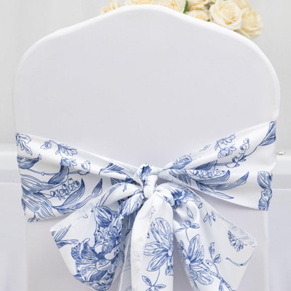 Efavormart Polyester Chair Sashes 6"x108" White Blue French Toile Floral Design - Durable & Reusable Chair Bows for Classy Event Styling