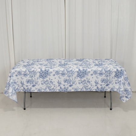 Efavormart Polyester Rectangular Tablecloth 60"x102" White with Blue French Toile Pattern - Sophisticated Table Cover for Chic Weddings & Events