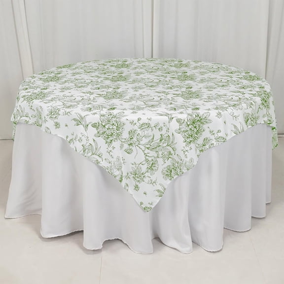 Efavormart Polyester Square Table Overlay 70"x70" White with Dusty Sage Green French Toile Pattern - Sophisticated Table Topper for Chic Weddings & Events