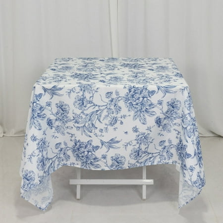 Efavormart Polyester Square Tablecloth 70"x70" White with Blue French Toile Pattern - Sophisticated Table Cover for Chic Weddings & Events