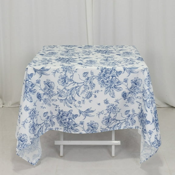 Efavormart Polyester Square Tablecloth 70"x70" White with Blue French Toile Pattern - Sophisticated Table Cover for Chic Weddings & Events