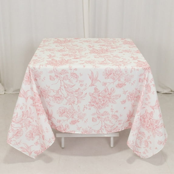 Efavormart Polyester Square Tablecloth 70"x70" White with Pink French Toile Pattern - Sophisticated Table Cover for Chic Weddings & Events