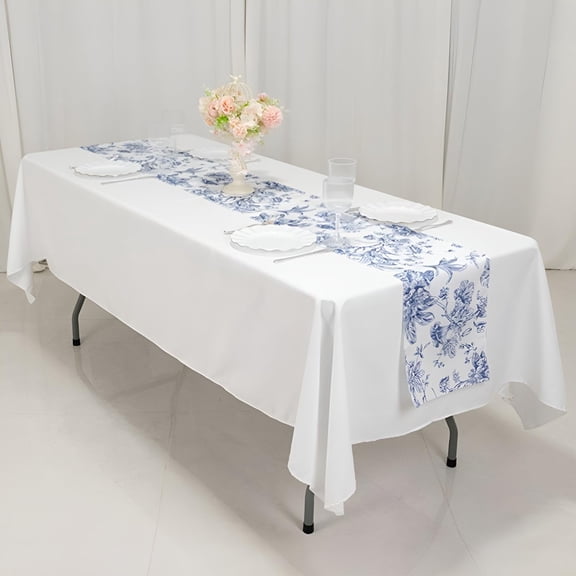 Efavormart Polyester Table Runner 12"x108" White with Blue French Toile Floral Print - Exquisite Reusable Table Décor