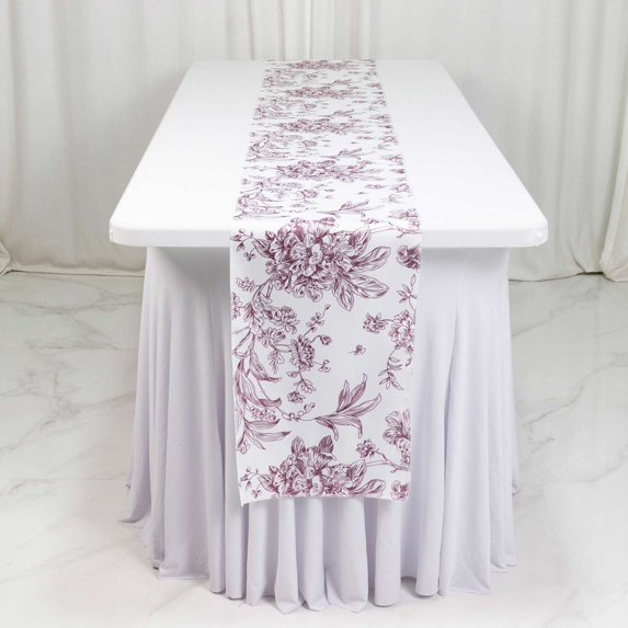 Efavormart Polyester Table Runner 12"x108" White with Burgundy French Toile Floral Print - Exquisite Reusable Table Décor