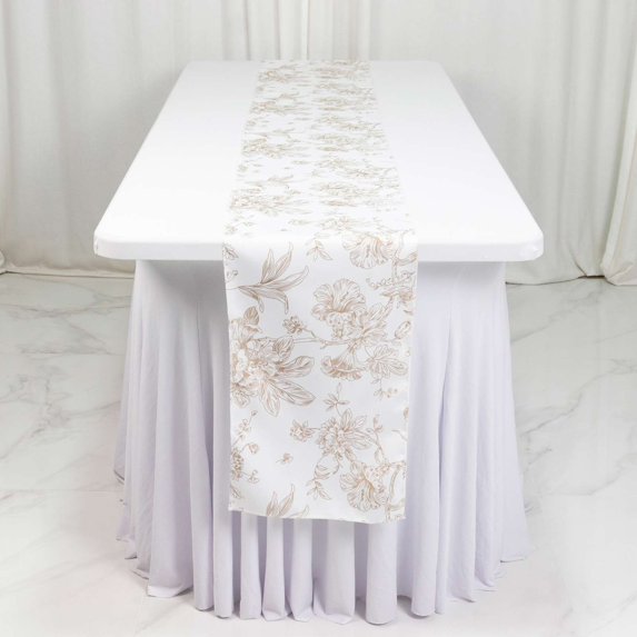 Efavormart Polyester Table Runner 12"x108" White with Taupe French Toile Floral Print - Exquisite Reusable Table Décor
