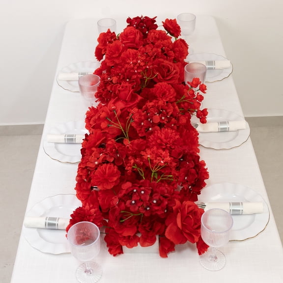 Efavormart Pre-Arranged Silk Flower Runner 40"x16" Mixed Red – Roses, Hydrangeas, Chrysanthemums & Peonies for Wedding Table & Arch Decor