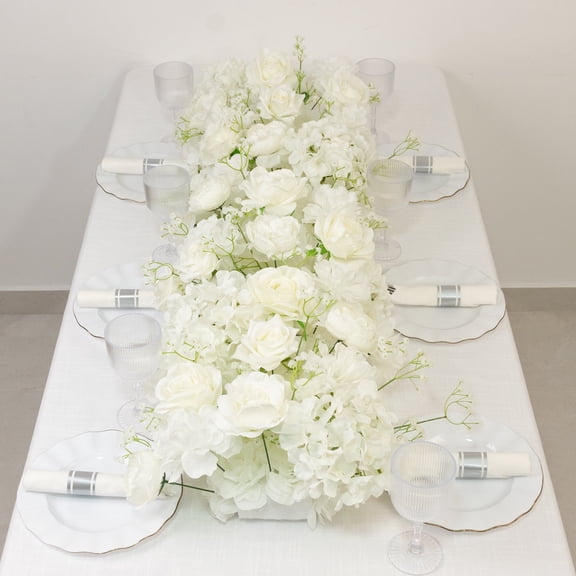 Efavormart Pre-Arranged Silk Flower Runner 40"x16" – White Roses, Hydrangeas & Baby's Breath for Wedding Table & Arch Decor