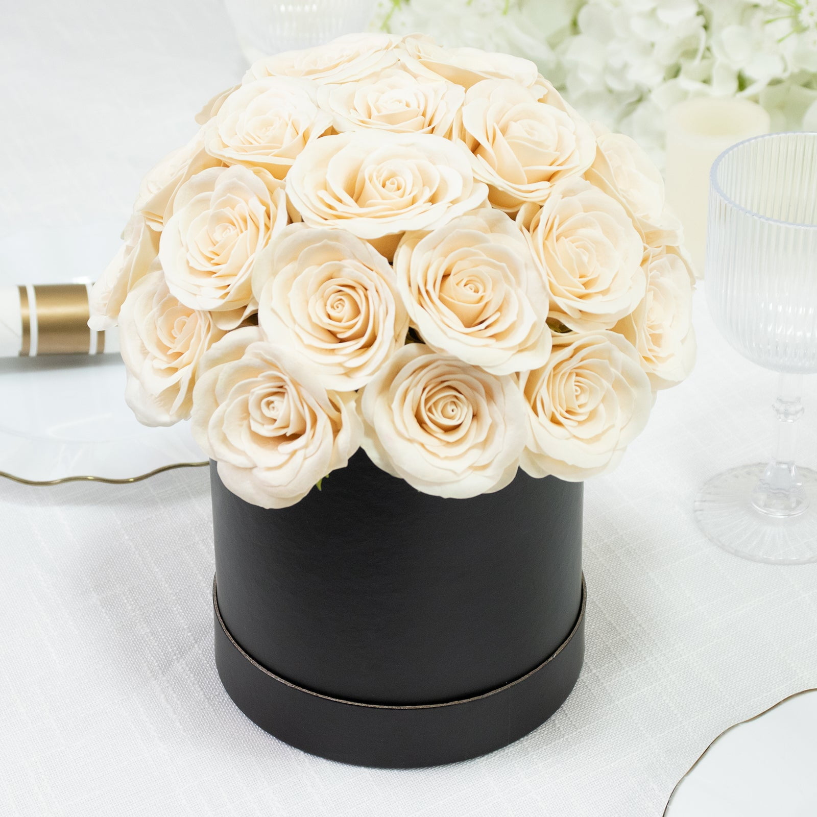 Efavormart Prearranged Rose Centerpiece Arrangement, Ivory 27pcs Roses with Black Round Gift Box