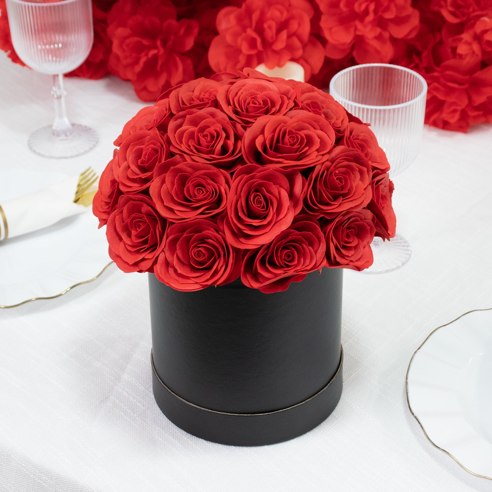 Efavormart Prearranged Rose Centerpiece Arrangement, Red 27pcs Roses with Black Round Gift Box
