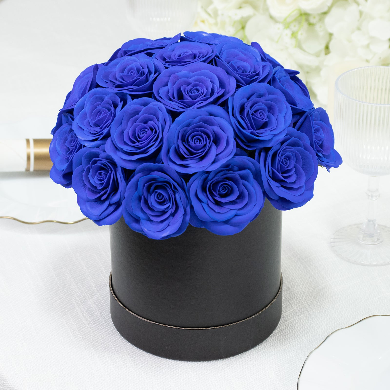 Efavormart Prearranged Rose Centerpiece Arrangement, Royal Blue 27pcs Roses with Black Round Gift Box