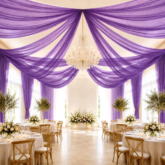 Efavormart Purple Sheer Ceiling Drape – 10ft x 32ft Extra Long Drapery Panel for Wedding Canopy, Backdrop & Reception Décor