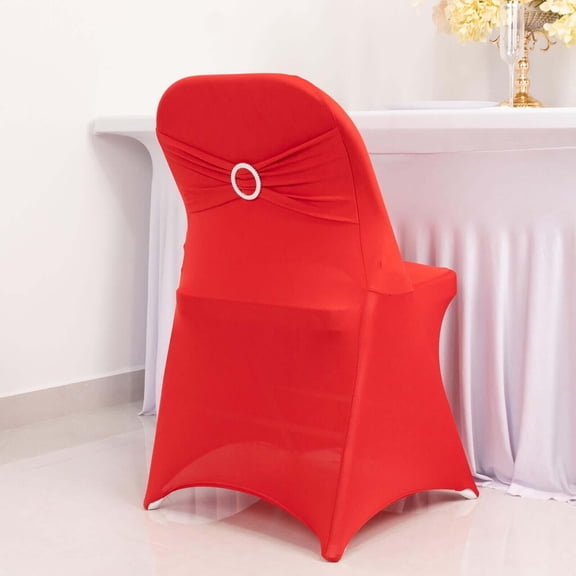 Efavormart Red Spandex Folding Slip On Chair Cover with Silver Rhinestone Buckled Sash Band, Stretch Fitted Chair Cover