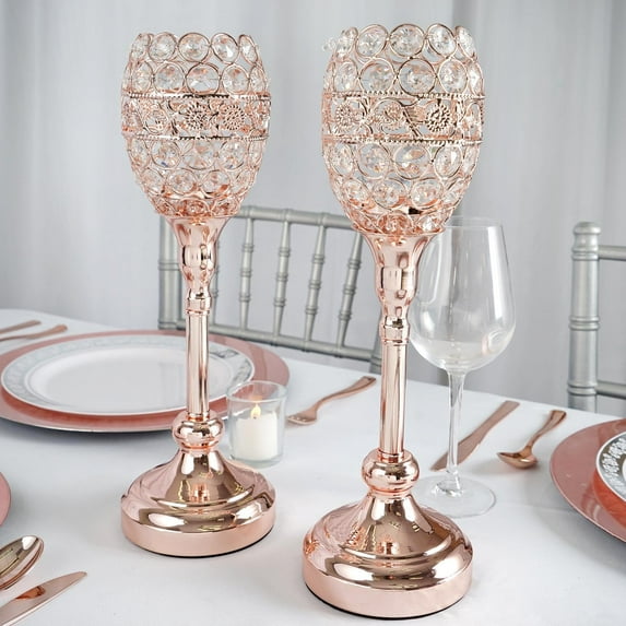 Efavormart Rose Gold 14" Tall Crystal Candle Holder Goblet Votive Wedding Chandelier Decorative Centerpiece Set of 2