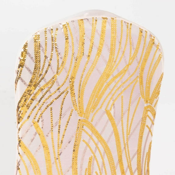 Efavormart Rose Gold Spandex Stretch Banquet Chair Cover With Gold Wave Embroidered Sequins