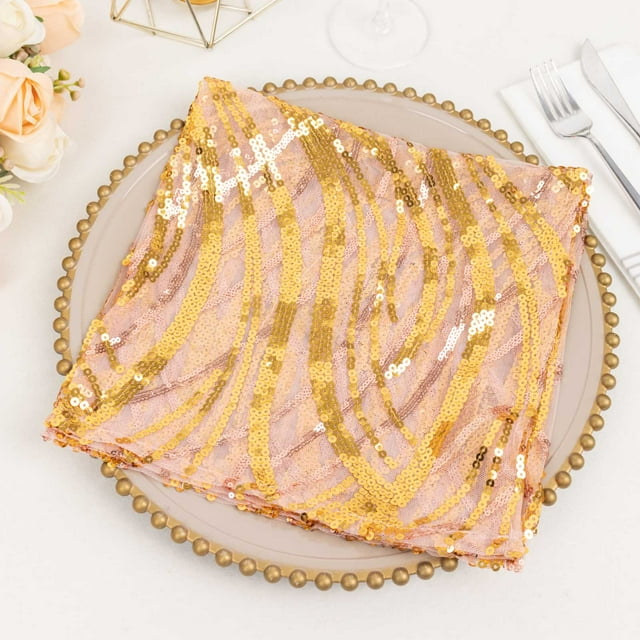 Efavormart Rose Gold Wave Embroidered Sequin Mesh Dinner Napkin, Reusable Decorative Napkin - 20 ...