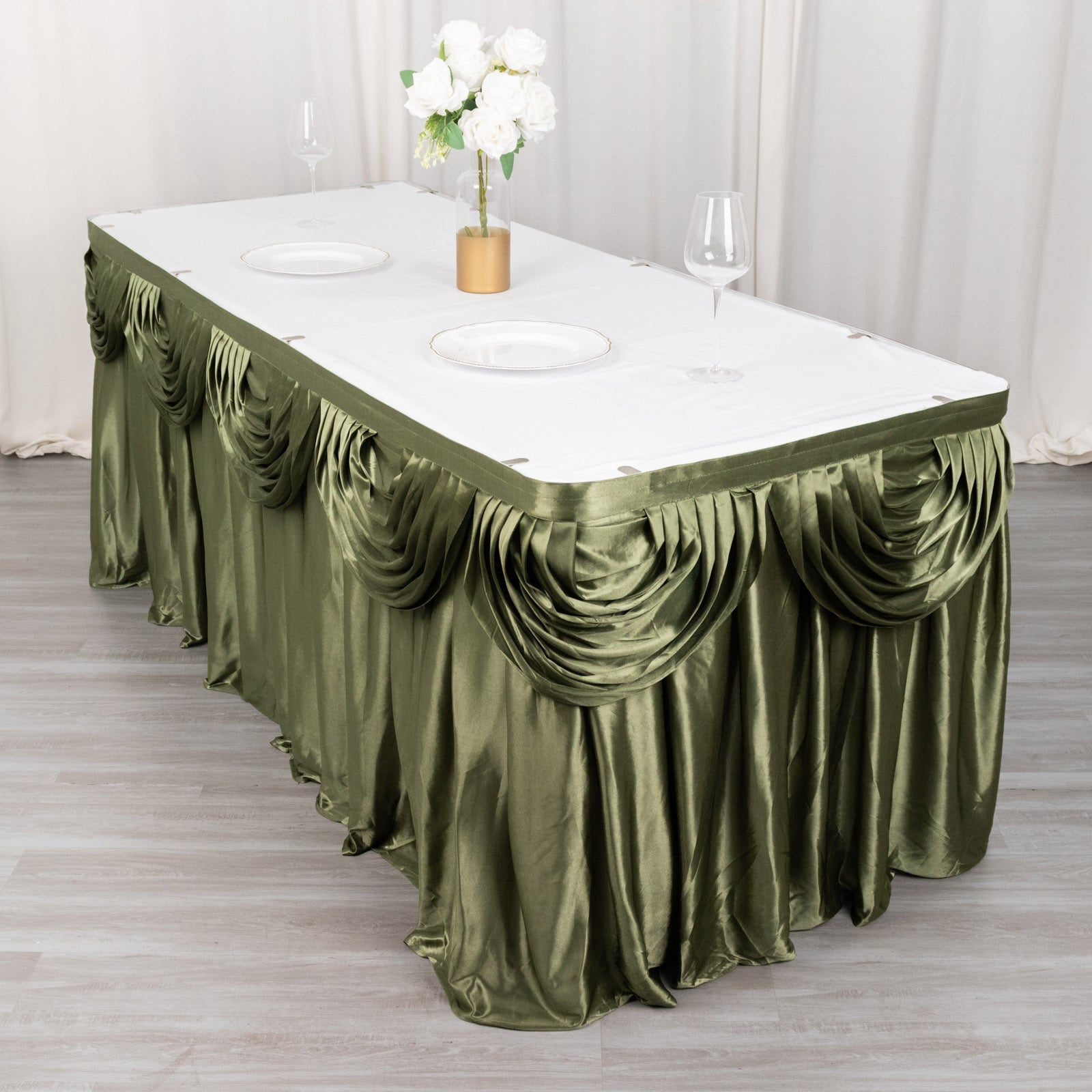 Small Drape Table Efavormart Sage Green Satin Double Drape Table Skirt for Kitchen Dining ...