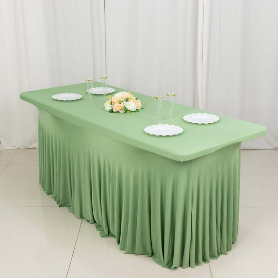 Efavormart Sage Green Wavy Spandex Fitted Rectangle 1-Piece Tablecloth Table Skirt, Stretchy Table Skirt Cover with Ruffles 6ft