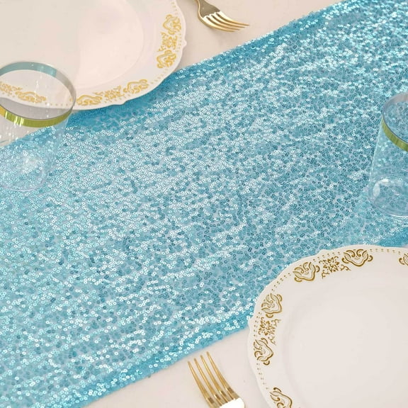 Efavormart Serenity Blue Sequin Premium Table Runners For Weddings Birthday Parties Decor Fit Rectangle and Round Table 108x12"