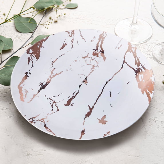 Efavormart Set of 10 | 10" Marble Disposable Plastic Plates, Dinner Plates - White and Rose Gold for Wedding, Birthday, and Disposable Plates Party, Kitchen Dinnerware