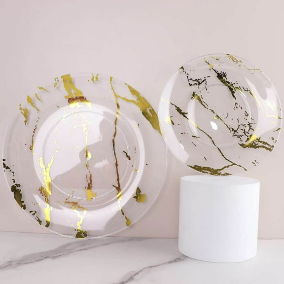 Efavormart Set of 10 | 8" Marble Disposable Plastic Plates, Dessert Salad Plates - Gold And Clear for Wedding, Birthday, and Disposable Plates Party, Kitchen Dinnerware