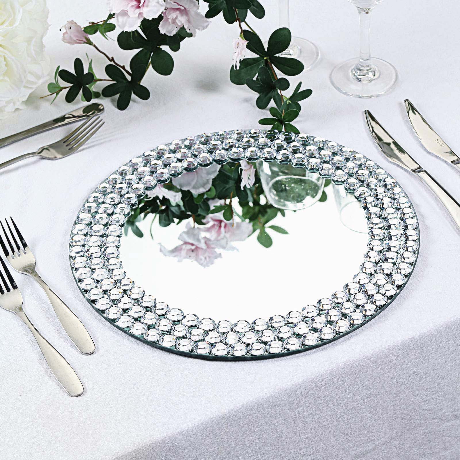 Efavormart Set of 2 | 13" Round Silver Mirror Glass Charger Plates with Diamond Beaded Rim For Catering Events, Wedding Party Restaurant Dinner Parties